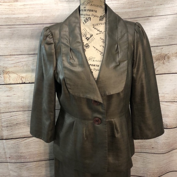 Classiques Entier Skirt Set Peplum Jacket Brown Gold Sheen Size Medium 8 - Picture 2 of 11